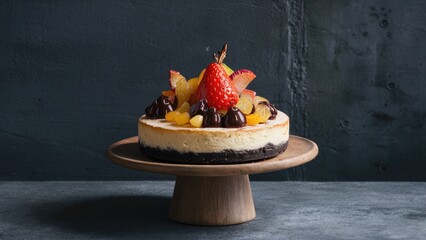 Aufkleber - Delicious cheesecake adorned with strawberries and candied fruits on a wooden pedestal, set against a textured dark concrete background.