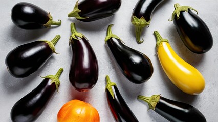 Poster - Diverse array of aubergines in deep purple yellow and orange arranged artistically on light grey background from above with ample empty space