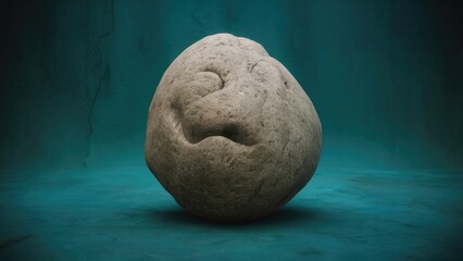 Poster - Natural round stone with unique texture and expressive face sitting on dark teal background, highlighting its smooth surface and organic form.