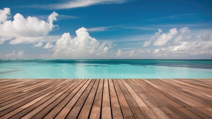 Aufkleber - Tranquil ocean view featuring a wooden deck in the foreground with rich brown tones contrasting against a serene blue ocean and sky backdrop