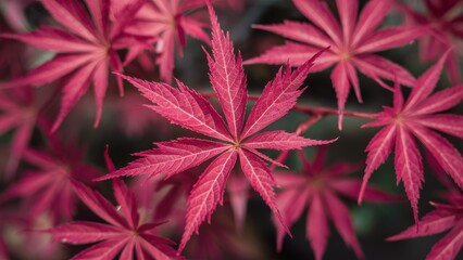 Poster - Closeup of vibrant red acer palmatum leaves with pointed lobes, arranged harmoniously in a lush background, showcasing spring's beauty.