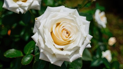 Poster - Elegant white roses in full bloom showcasing creamy centers against lush green foliage in a serene garden during warm summer daylight.