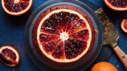 Poster - Top view of a rich blood orange cake on a dark plate, surrounded by vibrant blood orange slices and a rustic knife on a blue background.