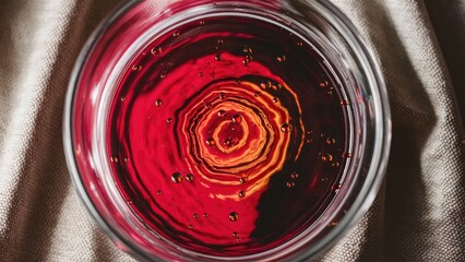 Aufkleber - Close-up shot of swirling red liquid in a transparent glass on a textured fabric background with warm tones and vibrant circular patterns.
