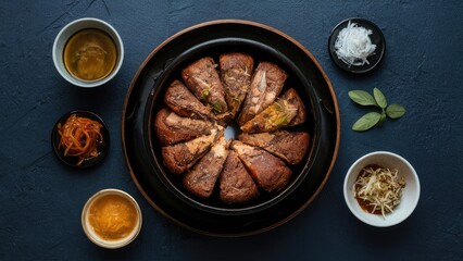 Poster - Deliciously arranged traditional meat dish with vibrant sauces and garnishes on a dark textured background featuring contrasting black and white bowls.