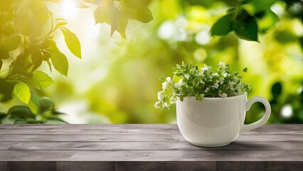 Wall Mural - Wooden tabletop with a white cup of green foliage against a softly blurred vibrant green backdrop illuminated by bright sunlight creating a fresh ambiance