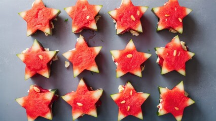 Poster - Star-shaped watermelon sandwiches layered with creamy cheese and nuts on a gray background, vibrant red watermelon and green rind contrast beautifully.