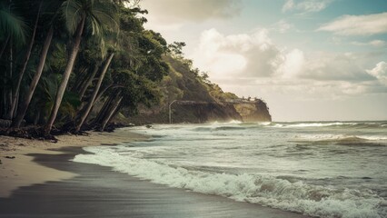 Aufkleber - Serene coastal scene with gentle waves lapping the sandy shore palm trees on the left under soft sunlight creating a tranquil tropical atmosphere