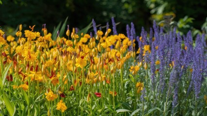 Aufkleber - Colorful summer garden featuring bright yellow lilies in the foreground and vivid purple flowers in the background under natural sunlight.
