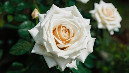 Poster - White roses with creamy centers are prominently positioned in vibrant green foliage, capturing elegance in a sunlit garden setting.