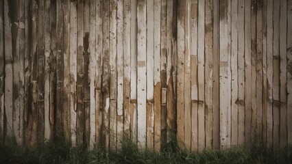Fototapete - weathered wooden wall with peeling paint in earthy tones of brown and beige with green grass at the bottom creating a rustic background scene