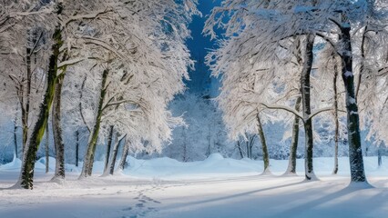 Aufkleber - Winter landscape with serene snowy trees in a calm atmosphere showcasing white foliage and soft shadows under a twilight sky