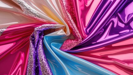 Fototapete - Vibrant metallic fabric in hues of pink, lavender, and silver, swirling together in a dynamic composition with glossy textures and reflections.