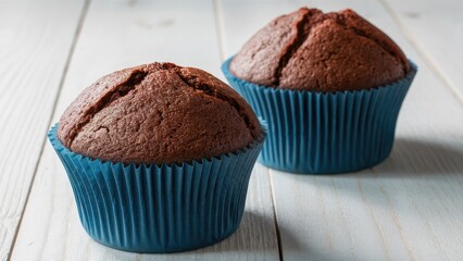 Poster - Chocolate muffins in blue paper cups positioned on a light wooden surface. Rich brown colors contrast with the vibrant blue, creating a warm, inviting look.