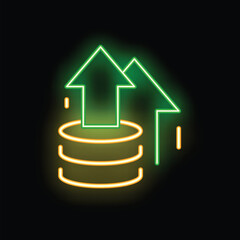 Poster - Glowing neon icon of data transferring uploading to database with green arrows over yellow disks on a black background