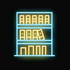 Poster - Neon icon of office shelves with ring binders for documents, glowing on a black brick wall