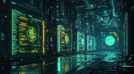 Poster - Futuristic Server Room Corridor Data Streams, Cyberpunk Glow