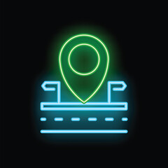 Poster - Neon green glowing location pin icon showing road with arrows on black background illustrating concept of navigation