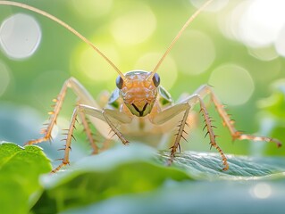Wall Mural - close-up view of a grasshopper with long antennae and spiky legs on a leaf