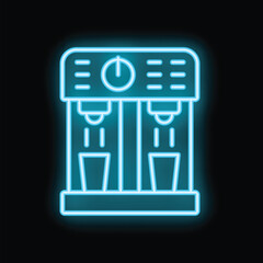 Poster - Glowing blue neon icon of a double drip coffee maker dispensing coffee into two cups, isolated on a black background