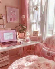Poster - A picture of a laptop placed on a desk at home, a comfortable work corner in pastel pink tones.