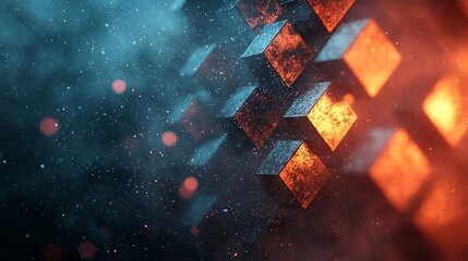 Poster - Abstract metallic cubes, glowing orange and blue.