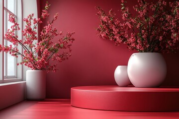 Poster - Vase with colorful flowers placed on a red table surface in a bright indoor setting