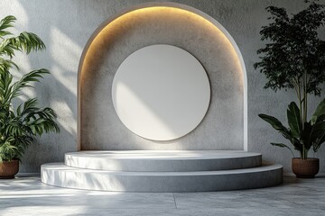 Poster - Round wall mirror reflecting light in a modern interior setting with neutral color palette