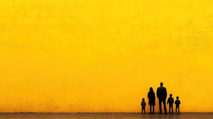 Wall Mural - Family silhouette, yellow wall, urban background, hope, future