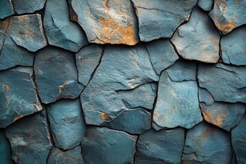 Poster - Close up of a textured rock wall against a blue background in natural lighting