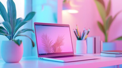 Poster - A picture of a laptop placed on a desk at home, a comfortable work corner in pastel pink tones.