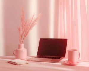 Poster - A picture of a laptop placed on a desk at home, a comfortable work corner in pastel pink tones.