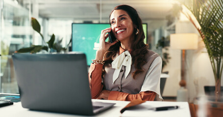 Poster - Phone call, creative and woman in office, talking and communication for publishing of ebook or smile. Business, writer and negotiation for royalties of manuscript, smartphone or planning for release
