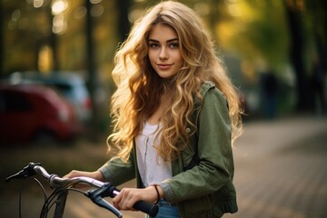 Wall Mural - A woman with long blonde hair is riding a bicycle