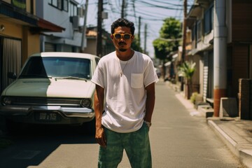 Wall Mural - A man in a white shirt and green pants stands in front of a white car