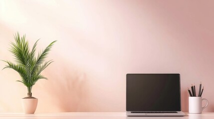Poster - A picture of a laptop placed on a desk at home, a comfortable work corner in pastel pink tones.