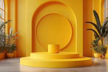 Poster - Bright yellow room featuring a plant and a matching yellow table for a cheerful interior design