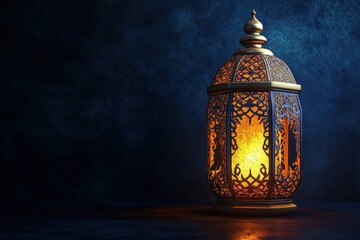 Poster - Lantern with a lit candle inside in a dark environment for warm atmosphere and ambiance