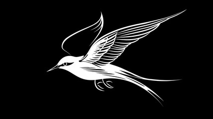 Wall Mural - A simple white line art illustration of a swallow bird in flight, in a vector style with a flat design, on a black background