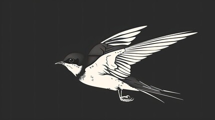 Wall Mural - A simple white line art illustration of a swallow bird in flight, in a vector style with a flat design, on a black background