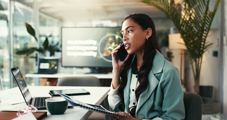 Aufkleber - Business woman, talking and laptop with phone call for advice, eco friendly organisation or discussion at office. Female person, environmentalist or consultant on mobile smartphone for green project
