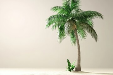 Wall Mural - Tropical palm tree on sandy beach, minimalist studio backdrop, vacation ad