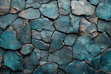 Poster - Blue and brown wall surrounded by various rocks on the ground in natural outdoor setting