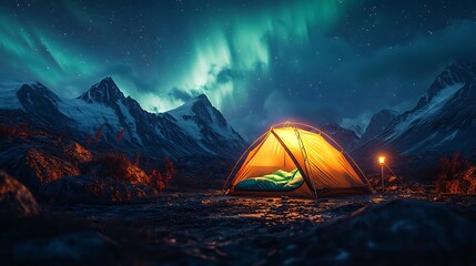 glowing tent under northern lights