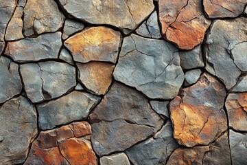 Poster - Close up view of a rock wall featuring red and yellow mineral formations and textures