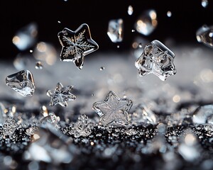 Poster - Crystal stars and shapes falling on dark surface.