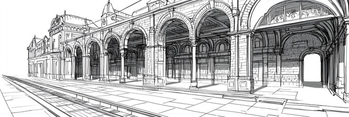 Line drawing of a vintage railway station with detailed brickwork and arches, monochromatic intricate style