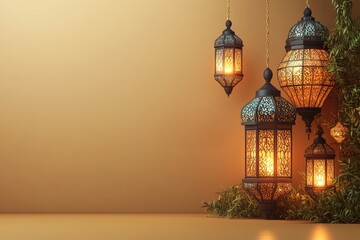 Poster - Group of three decorative hanging lanterns with candles glowing in the evening light