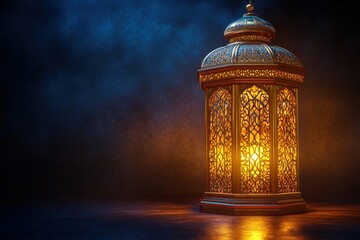 Poster - Large golden lantern illuminated on a dark surface creating a warm and inviting atmosphere