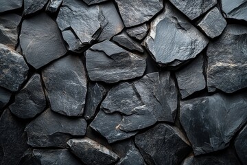 Poster - A pile of black slate rocks arranged on a textured surface for natural background or construction use